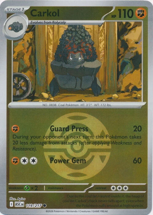pokemon card with pokeball holo Ascended Heroes Carkol #119/217 Reverse – Evolves from null Metal Umbreon 2025 Scarlet & Violet: