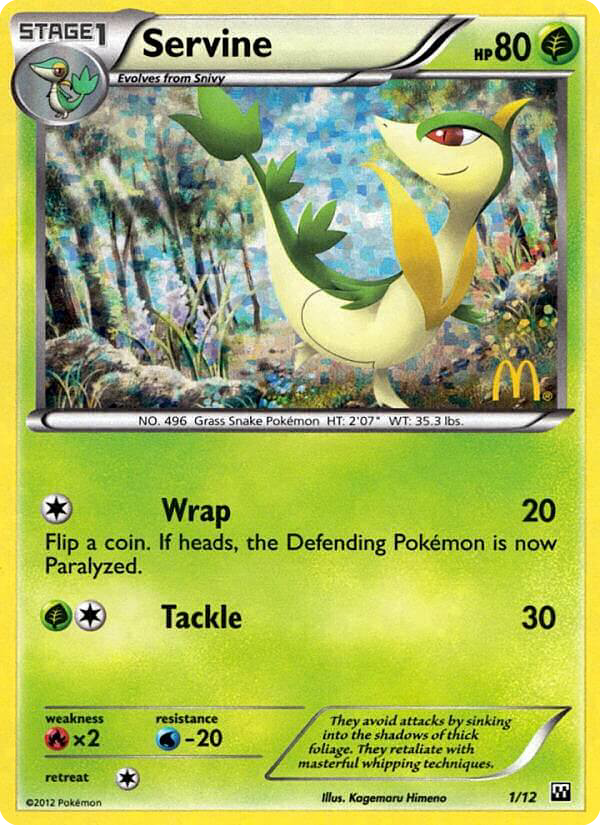 snivy pokemon card mcdonalds McDonald's Collection 2012 Servine #1 – [1G] Slam (20x) Flip 2 coins Pokémon Card TCG Snivy McDonalds