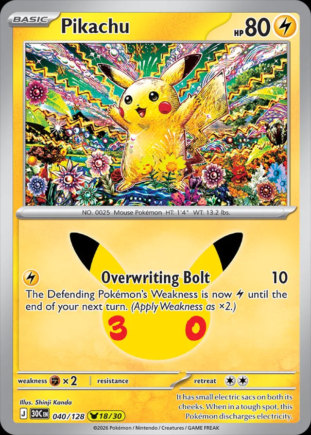30th Celebration Pikachu 040/128 Pokémon kaart