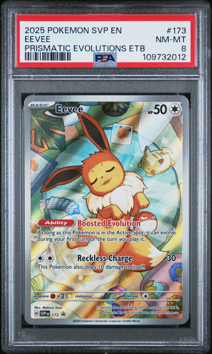 PSA 8 Eevee #173 – Prismatic Evolutions ETB Promo (front)