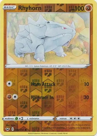 Sword & Shield Rhyhorn #96/202 reverse holo